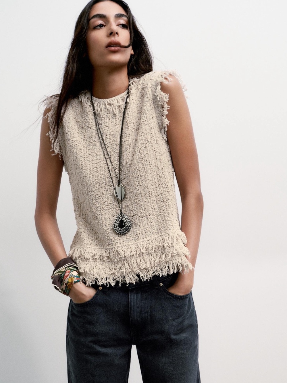 Zara Textured Frayed-Neck Knit Sweater - Beige